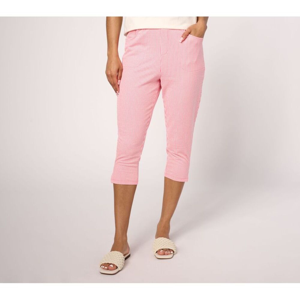 Quacker Factory Women's Pants Sz L Knit Seersucker 19" Capri Pant Pink A685026
